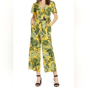 Moon River Tropical Palm Print Wrap Jumpsuit in Size Small